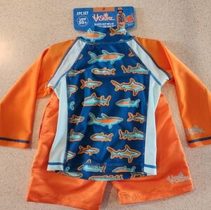 VISSLA Kids Shark Rashguard Set - Blue and Orange
